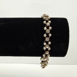 Antique Gold Tone‎ Rhinestone Faux Pearl Bracelet Elegant Fashion Jewelry Sz 7
